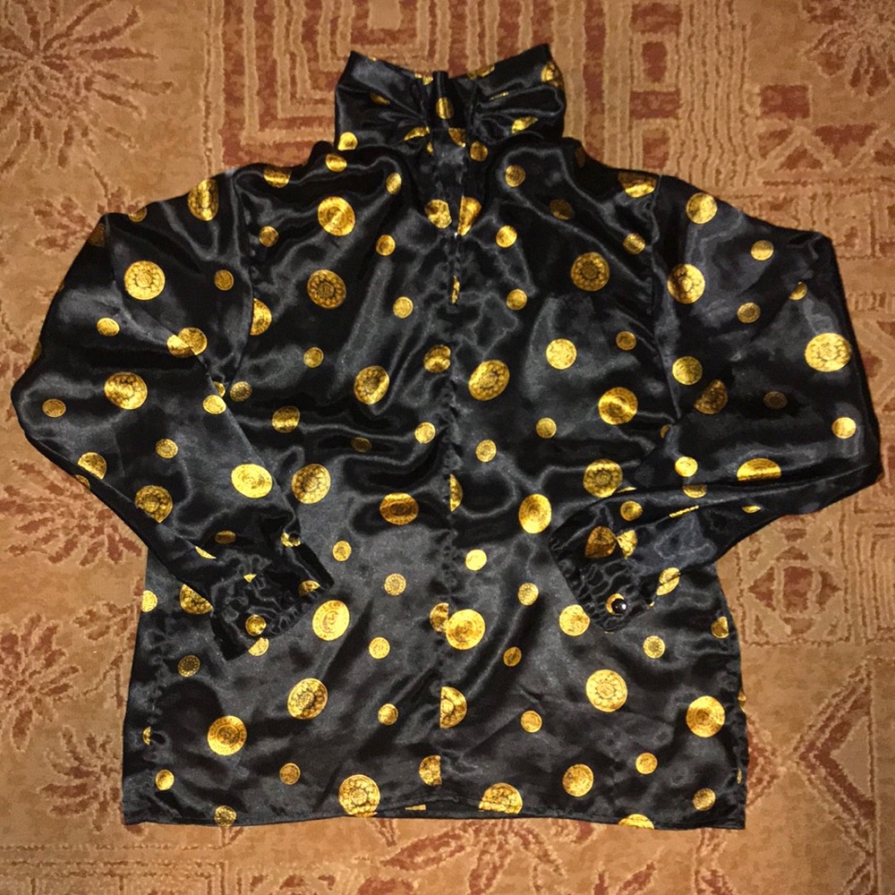 Only one black silky blouse with gold pattern (L)